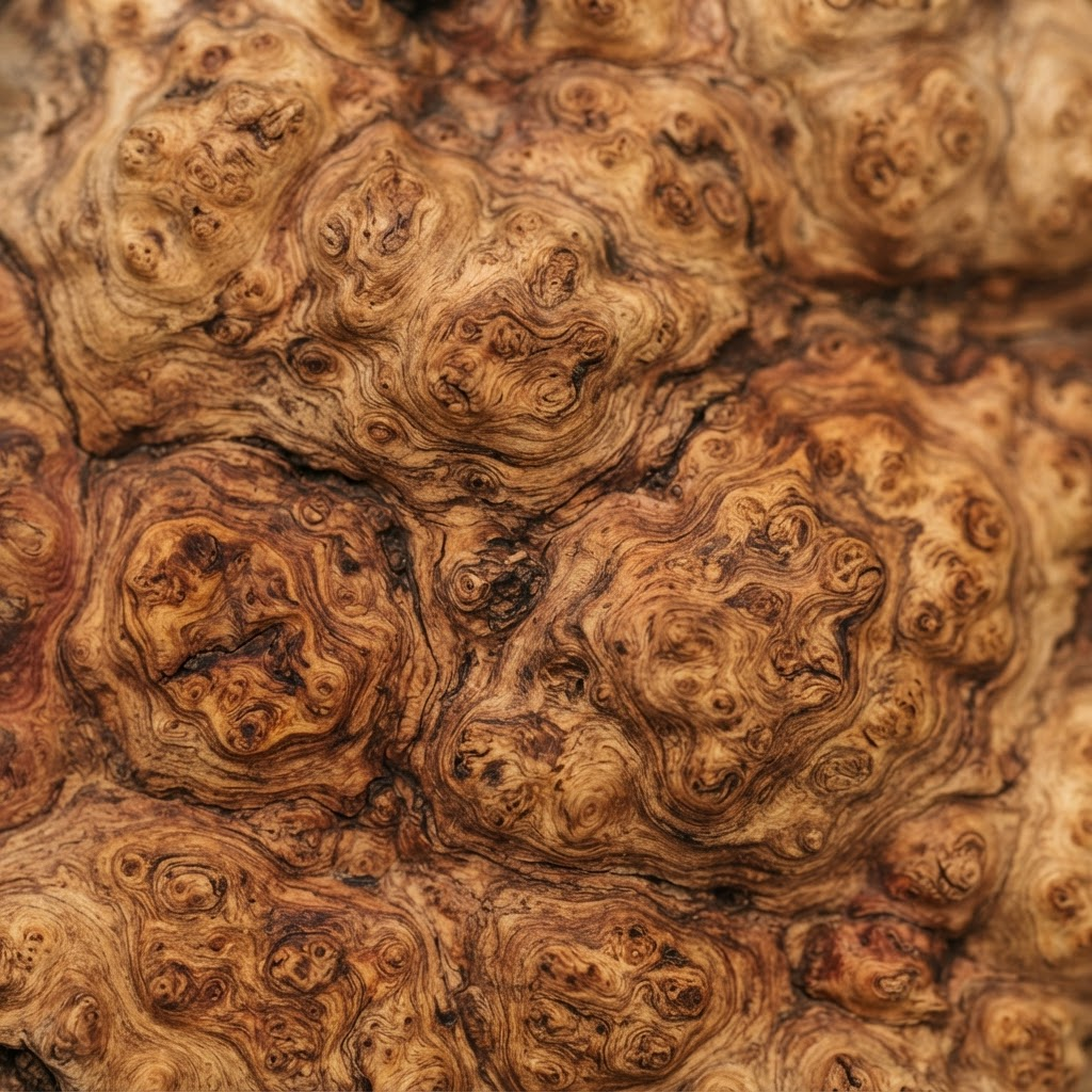 An extreme close-up of burl wood grain, a dense field of swirling eyes and knots in warm amber and brown.