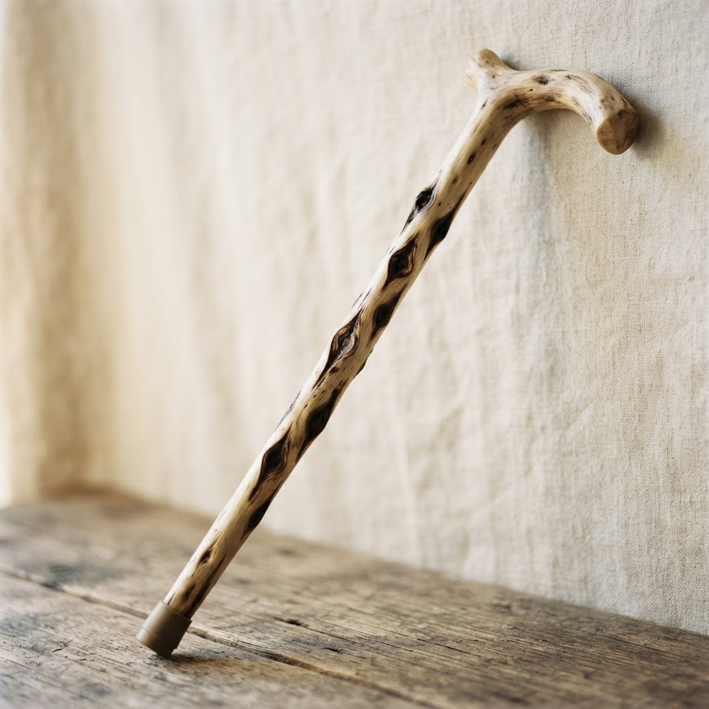 A pale carved walking stick with a rhythmic diamond twist down its length and a curved handle, leaning against a linen backdrop.