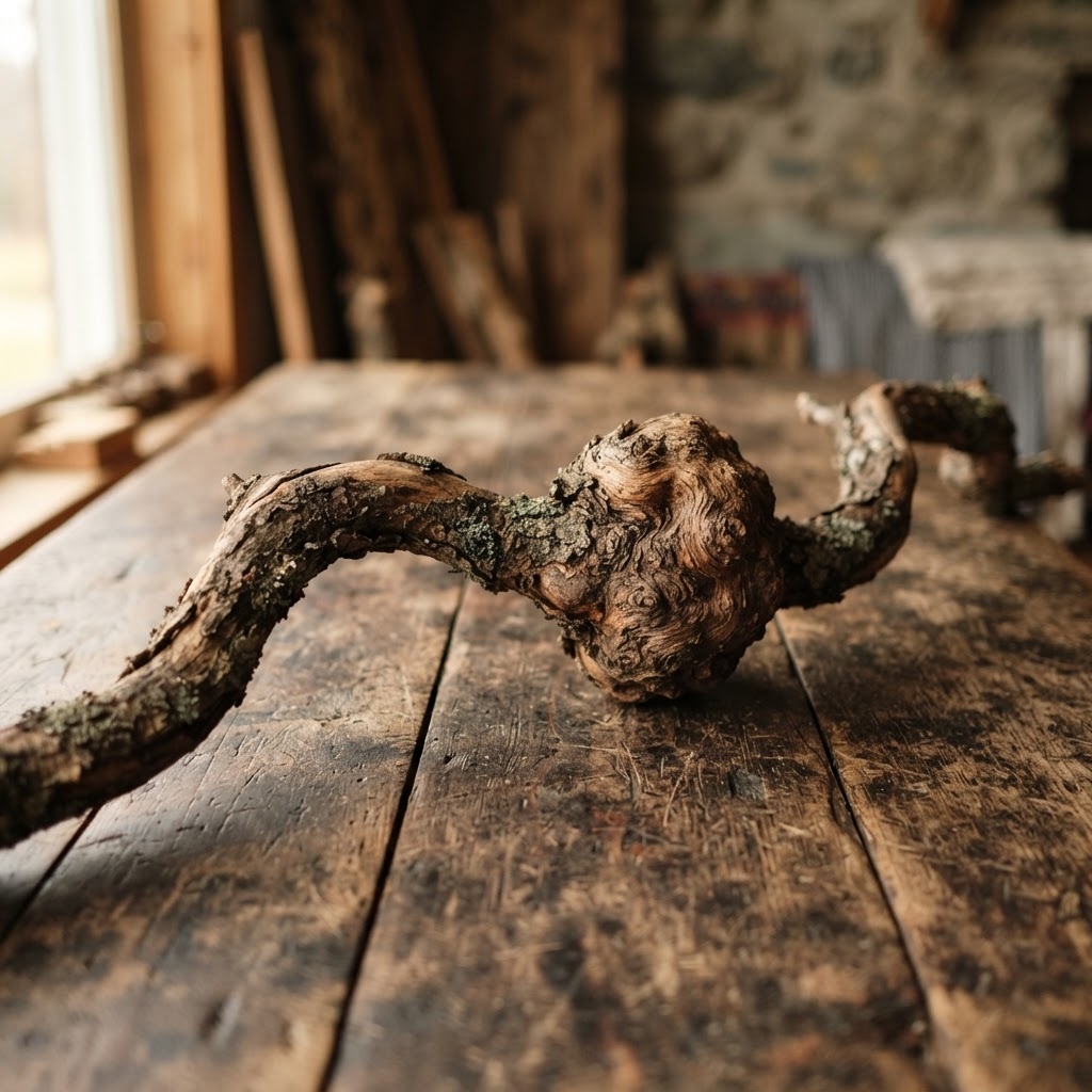 An unworked, lichen-flecked branch with a bulbous burl in the middle, lying raw across a dark plank table in a stone room.