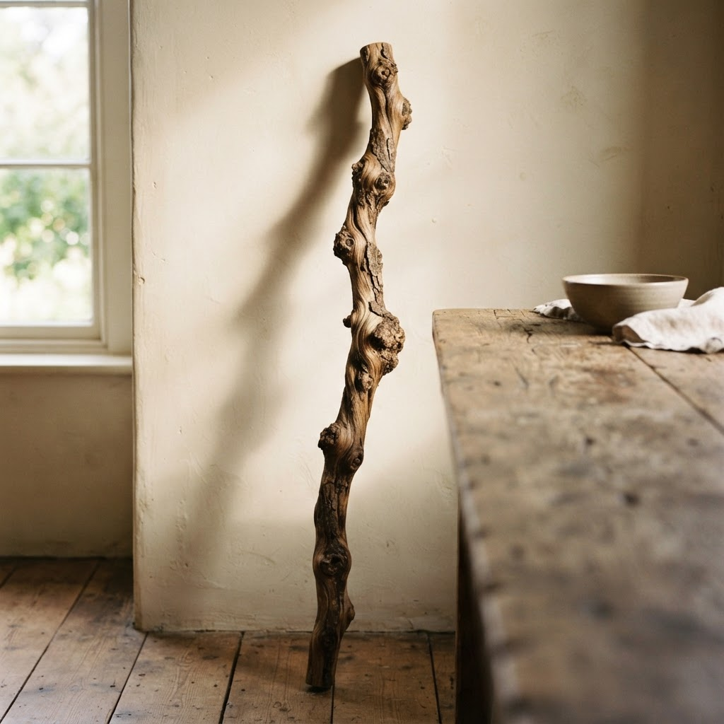 A tall serpentine juniper walking stick with burls and knots, standing at rest against a sunlit plaster wall beside a weathered plank table.